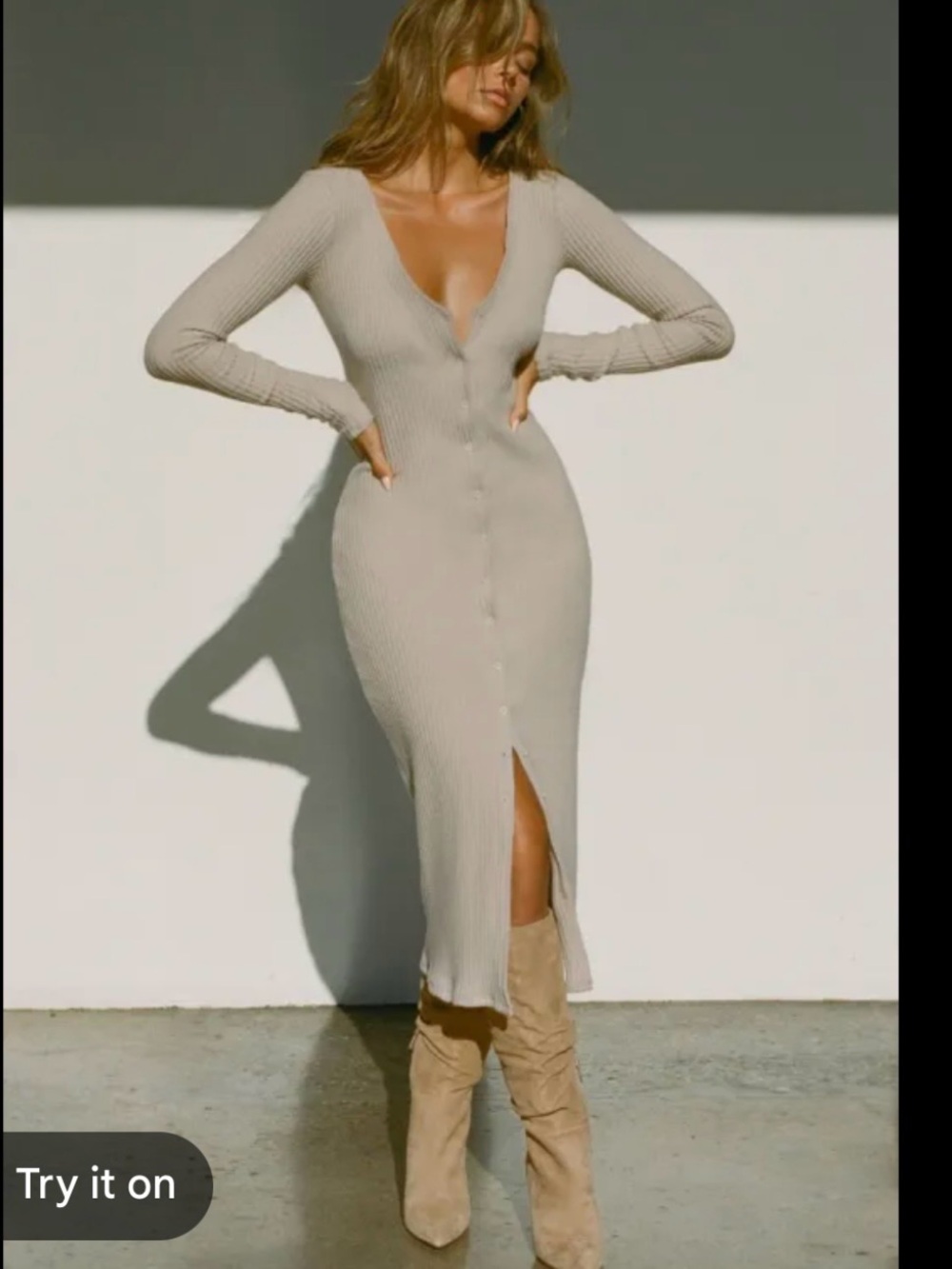 Joah Brown Sweater Midi Dress Cream Tan Luxe Knit Ribbed Button Front V Neck